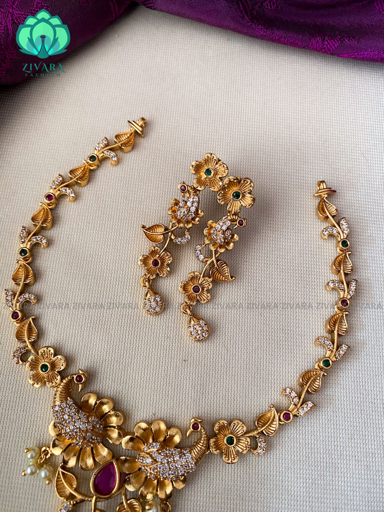 Simple floral neckwear with earrings   - Premium quality CZ Matte collection-south indian jewellery