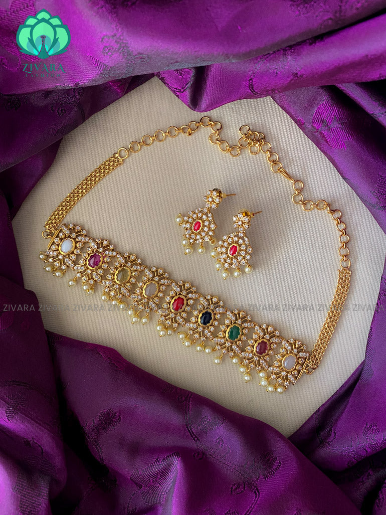 Motif free grand navaratna choker  - Premium quality CZ Matte collection-south indian jewellery