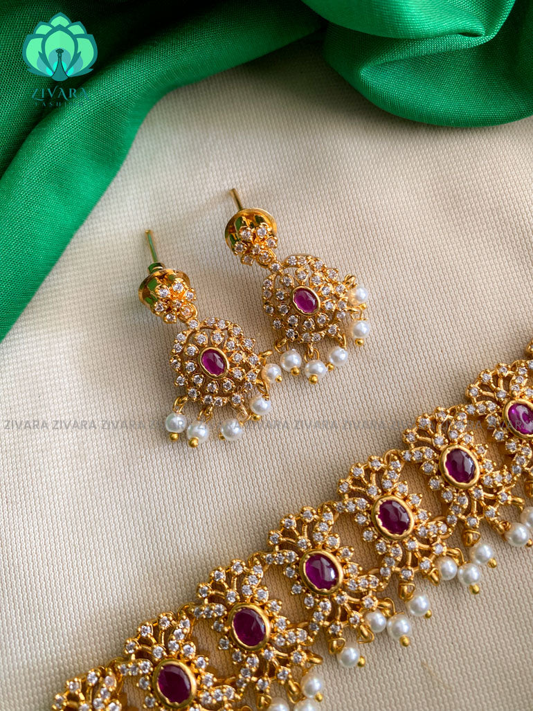 Hotselling motif free choker with earrings - CZ matte finish- Zivara Fashion-ruby and green green beads