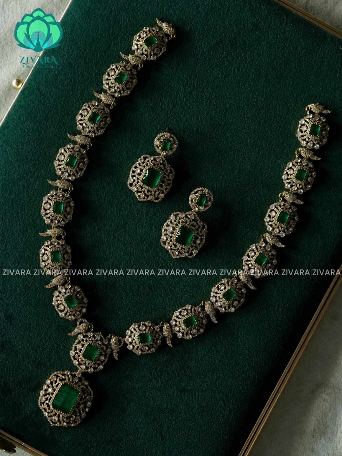 GREEN PARROT BRIDAL ELEGANT SUBTLE POLISH MIDCHEST  - BRIGHT FINISH Traditional MIDCHEST haaram/neckwear with earrings- Zivara fashion