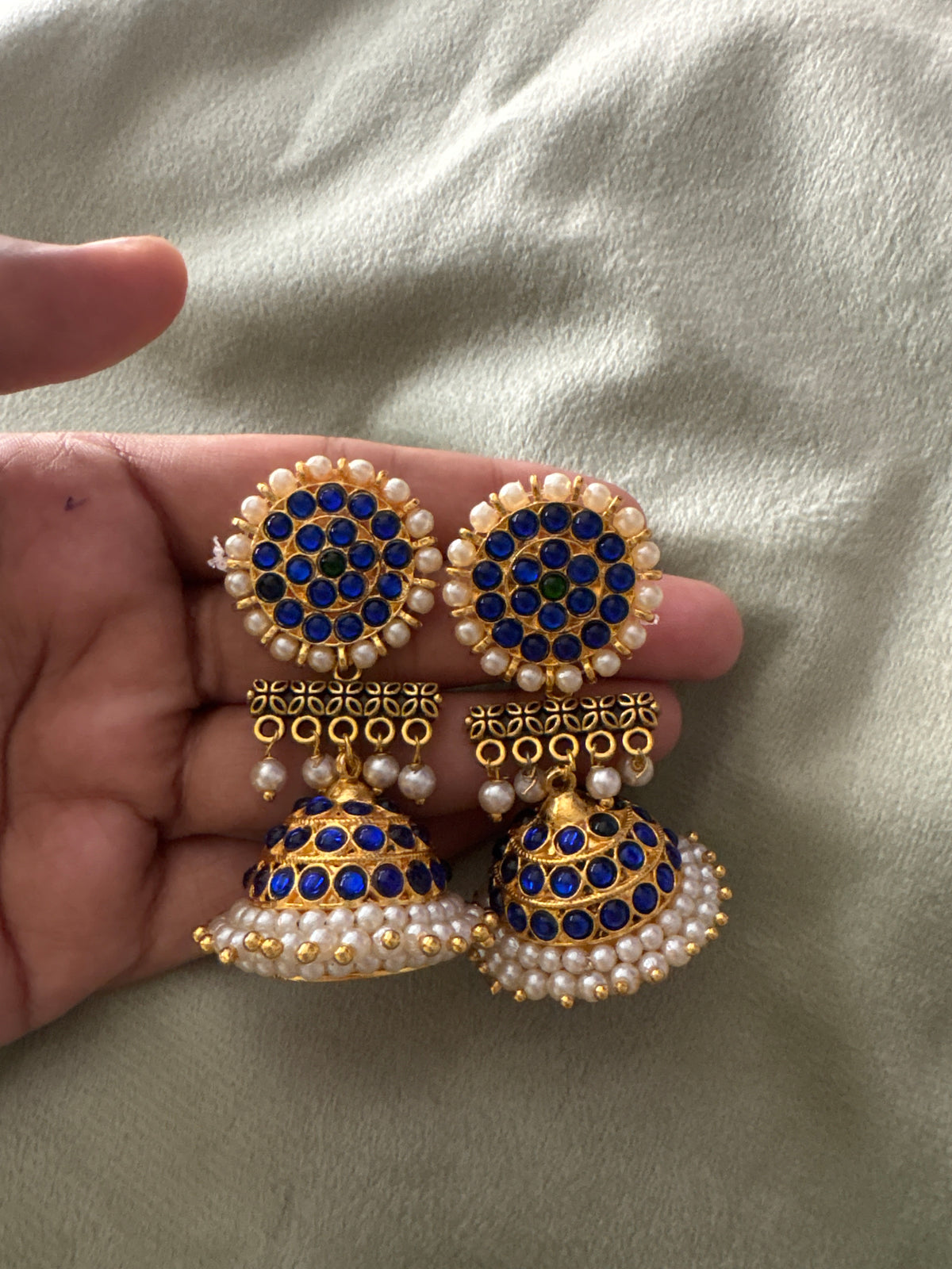 BLUE  - jumbo SIZE HANDMADE JHUMKAS - latest kemp dance jewellery collection