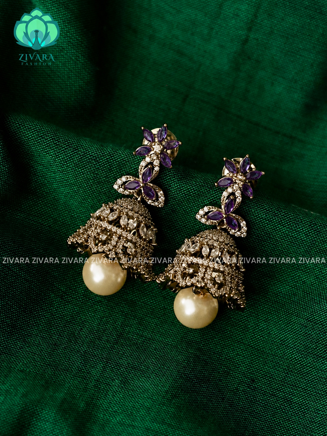 PURPLE  WHITE AD STONE FLORAL JHUMKA - Premium matte polish - latest trending collection - ZIVARA FASHION
