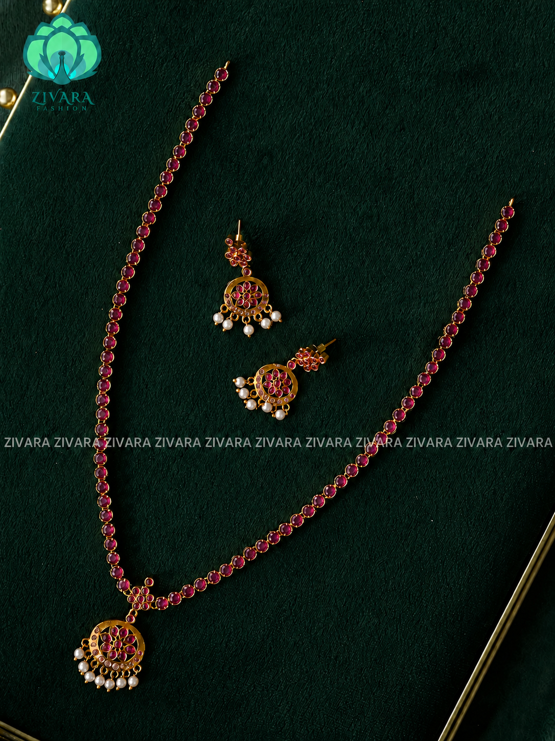 RUBY EVERGREEN  - Traditional PREMIUM MATTE polish MIDCHEST haaram/neckwear with earrings- Zivara Fashion