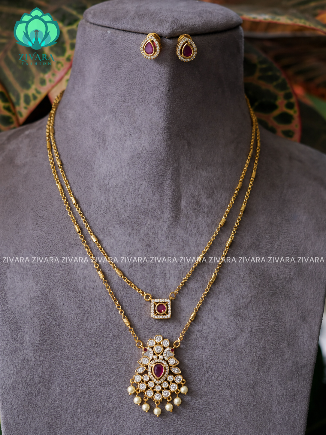 RUBY  - DOUBLE LAYER PEACOCK THIN PARROT CHAIN  -Traditional south indian premium neckwear with earrings- Zivara Fashion- latest jewellery design.