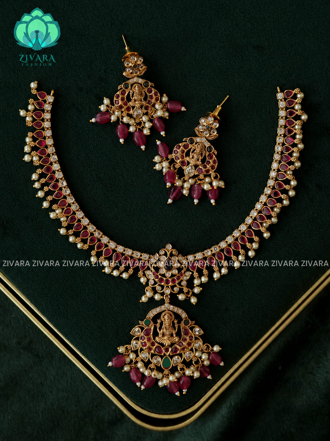 TEMPLE REAL KEMP neckwear with ruby beads hangings with earrings - Zivara Fashion