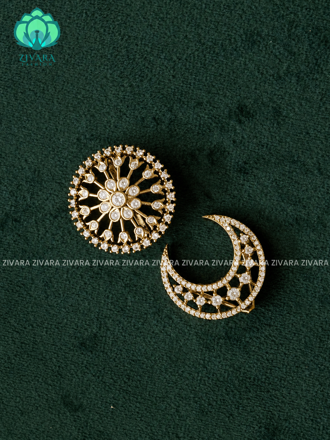 WHITE STONE-SUN MOON - SURYA CHANDRA - TRADITIONAL(1.5 INCHES) REAL KEMP  HAIR ACCESSORIES- ZIVARA FASHION