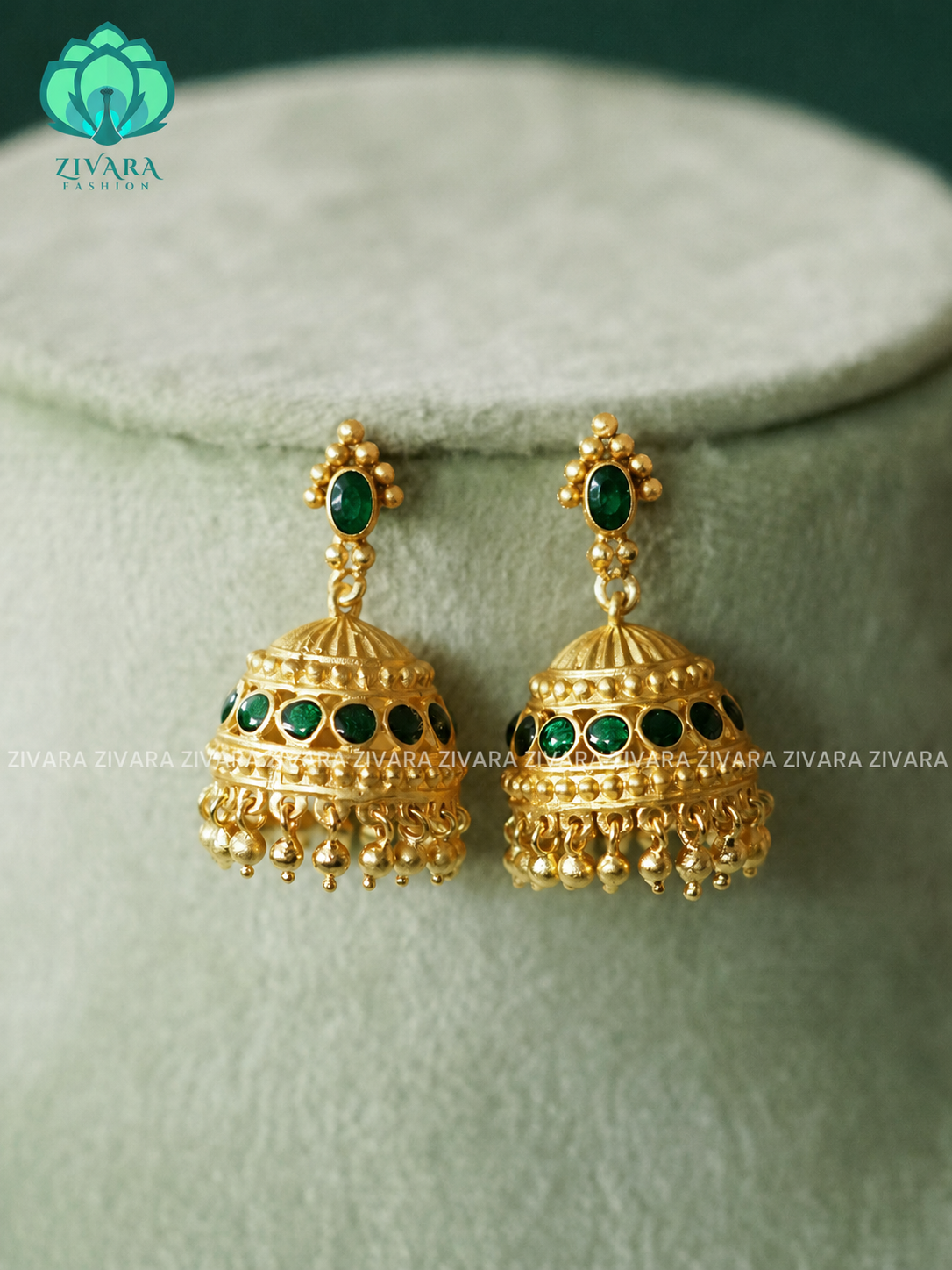 GREEN OVAL STONE - TRADITIONAL JHUMKA- latest jewellery collection- zivara fashion