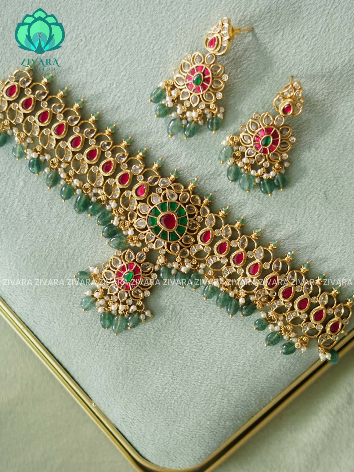 GREEN BEADS JADAU BRIDAL CHOKER.-TRADITIONAL CHOKER COLLECTION WITH EARRINGS- LATEST JEWELLERY COLLECTION