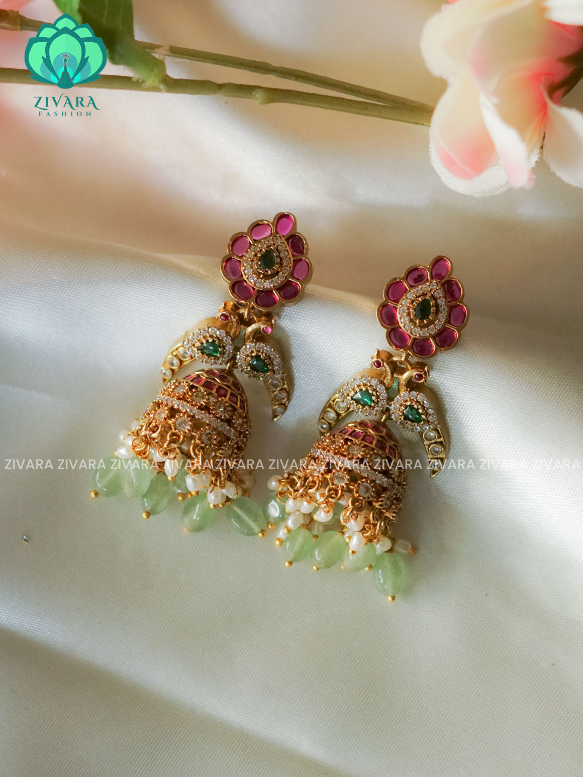Real kemp Peacock jhumka with pastel green beads - TRADITIONAL PREMIUM MATTE  polish JHUMKA - zivara fashion