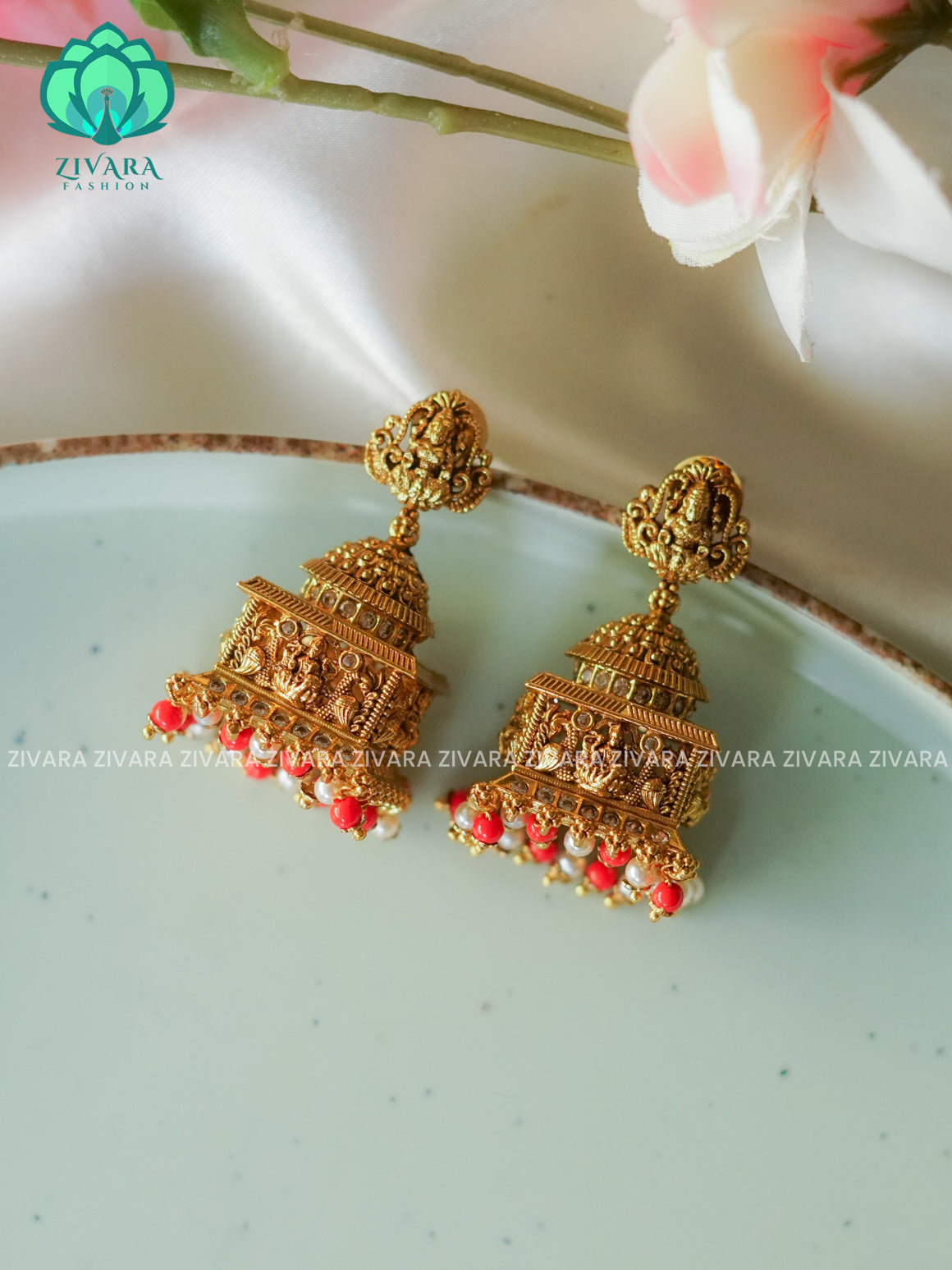 CORAL 3D TEMPLE HEAVY - TRADITIONAL PREMIUM MATTE  polish JHUMKA- latest jewellery collection- zivara fashion