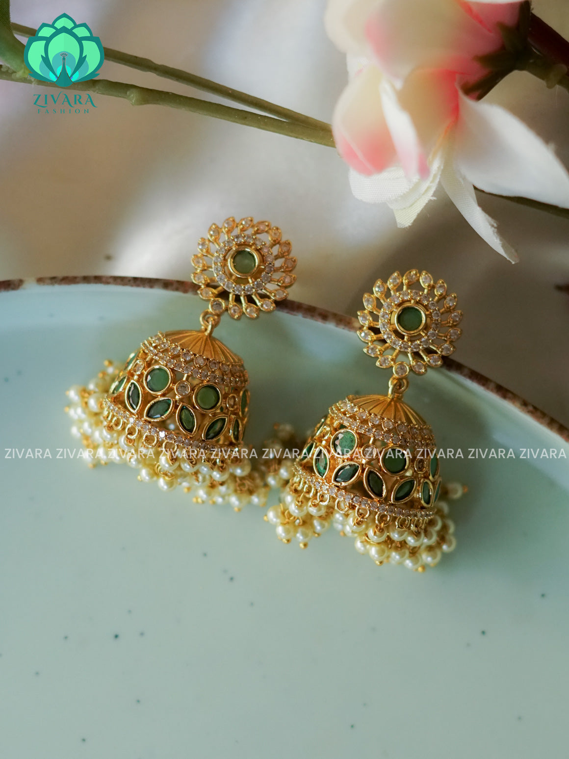 GREEN BRIDAL HEAVY - TRADITIONAL PREMIUM MATTE  polish JHUMKA- latest jewellery collection- zivara fashion