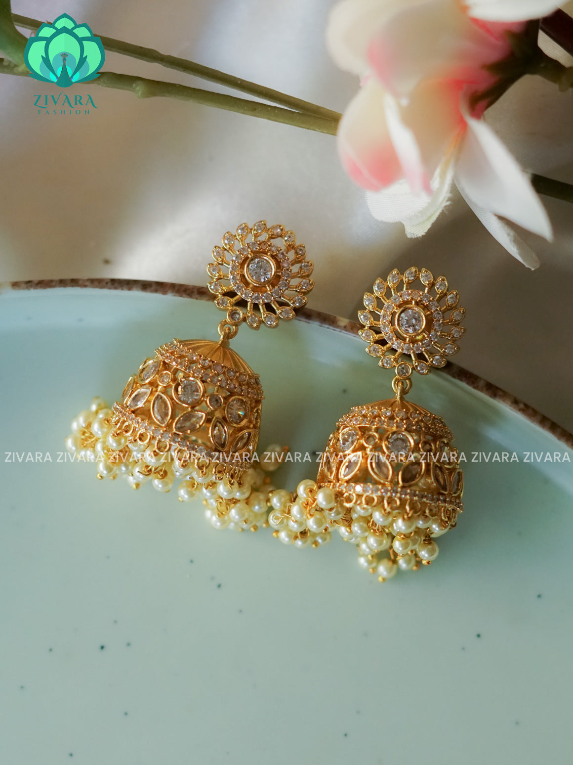 WHITE  BRIDAL HEAVY - TRADITIONAL PREMIUM MATTE  polish JHUMKA- latest jewellery collection- zivara fashion