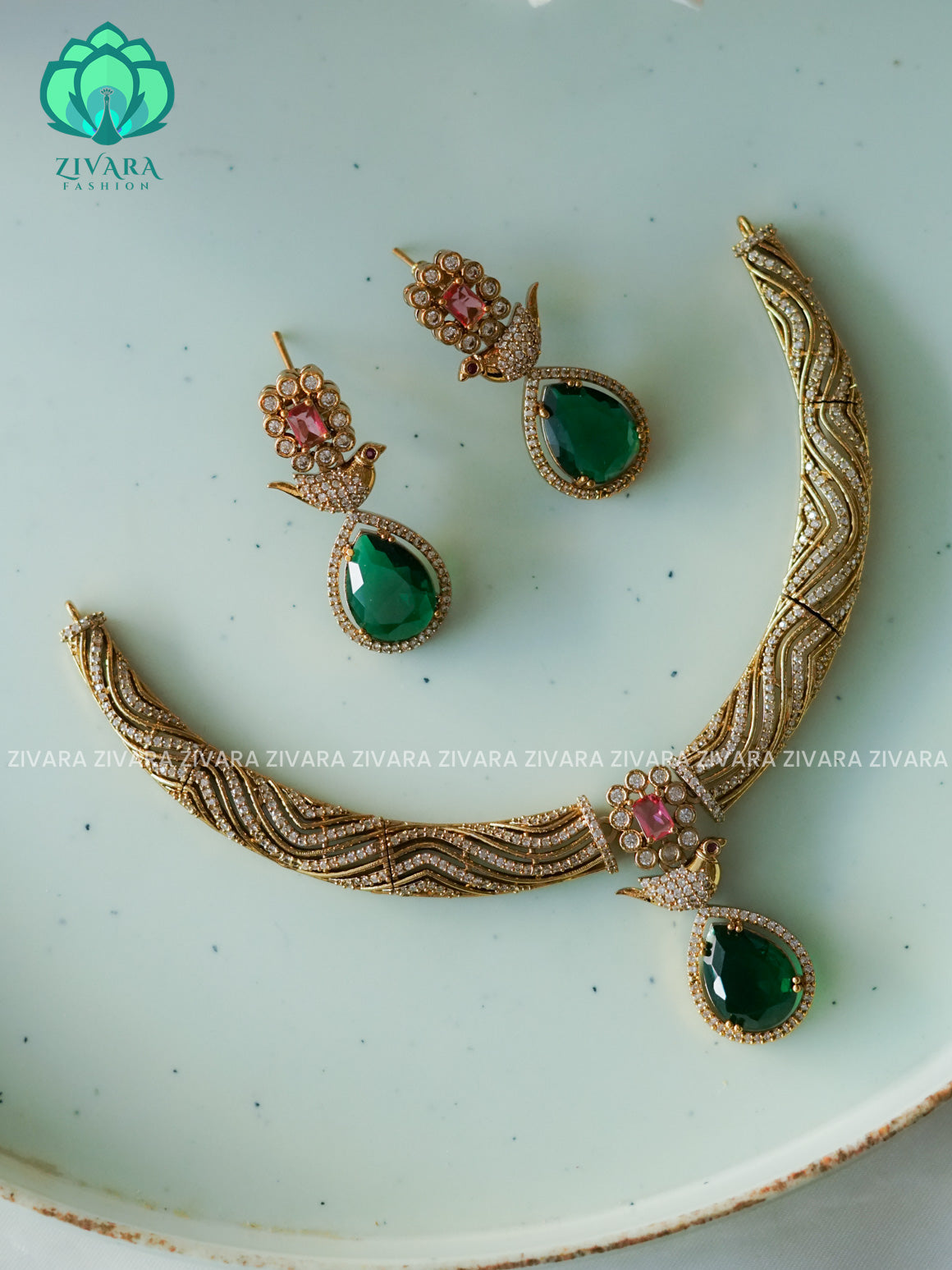CUTE PARROT HASLI  NECK WEAR WITh EARRINGS   - Premium quality CZ Matte collection-south indian jewellery