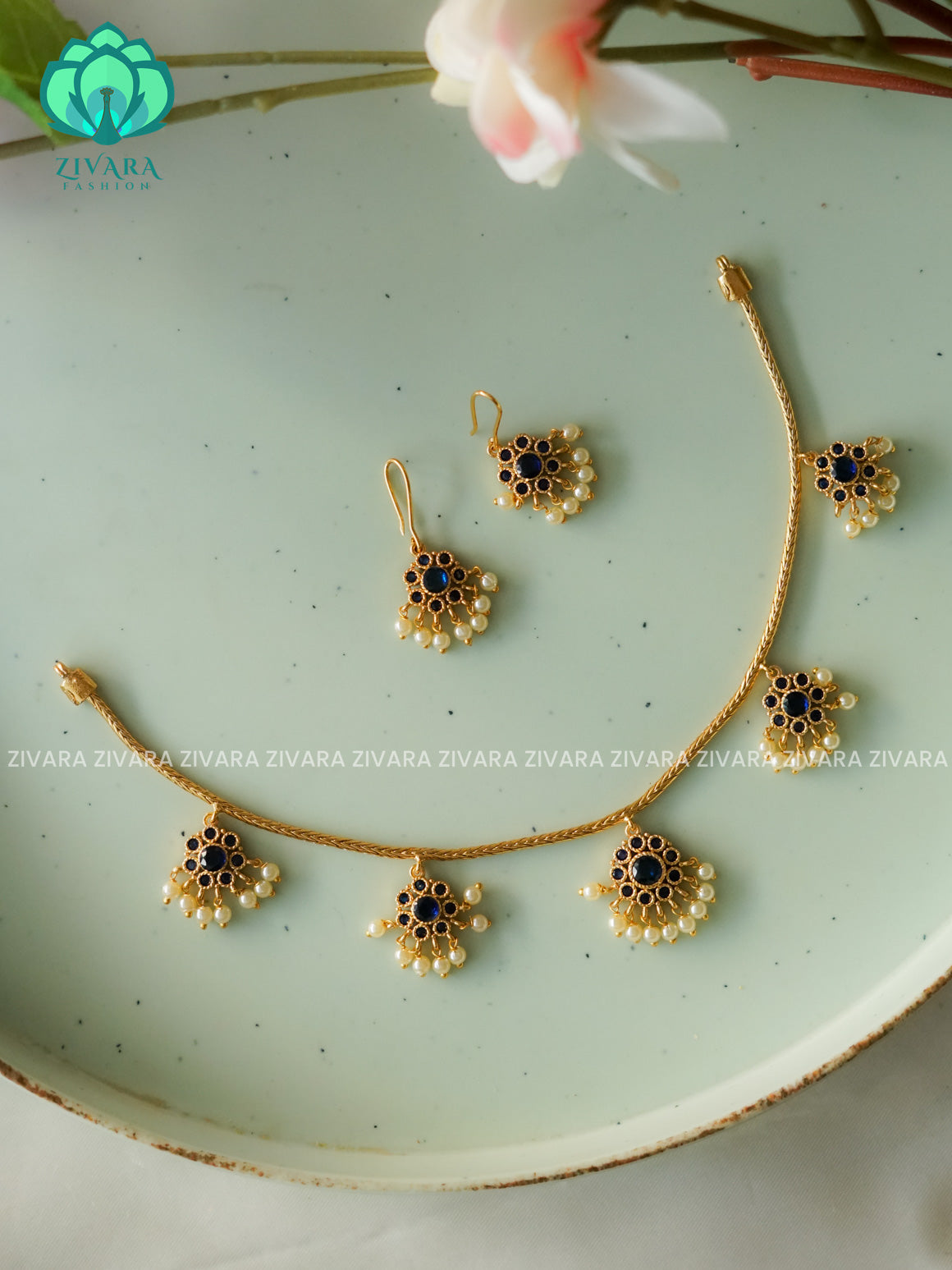 Brindha- BLUE  ATTIGAI - FLEXIBLE CHAIN WITH HANGING -Traditional south indian premium neckwear with earrings- Zivara Fashion- latest jewellery design