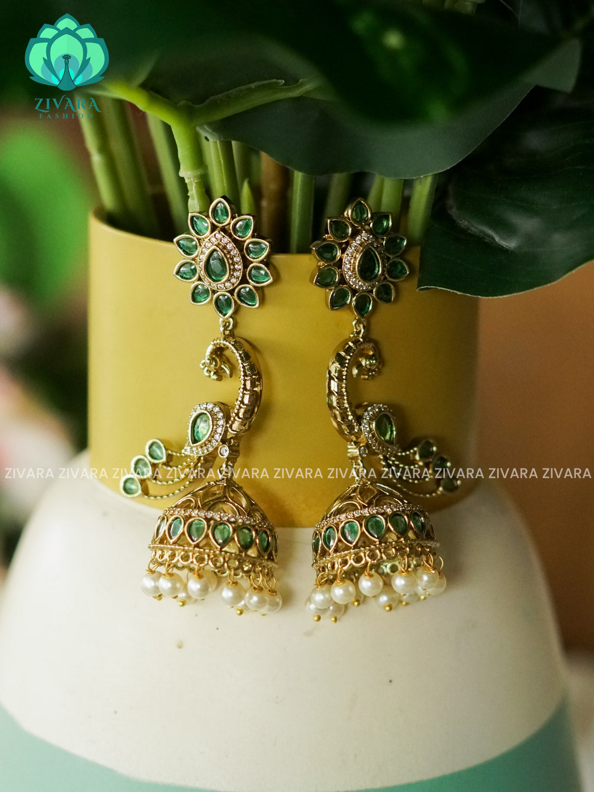 DIYA-GREEN PEACOCK JHUMKA - TRADITIONAL PREMIUM MATTE  polish JHUMKA- latest jewellery collection- zivara fashion