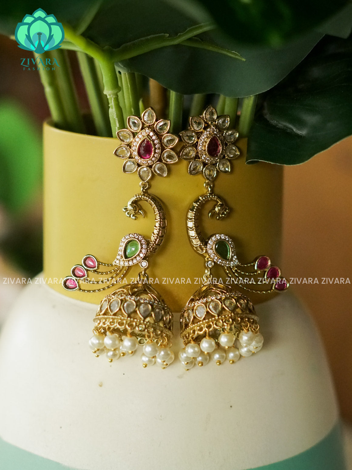 DIYA-RUBY GREEN PEACOCK JHUMKA - TRADITIONAL PREMIUM MATTE  polish JHUMKA- latest jewellery collection- zivara fashion