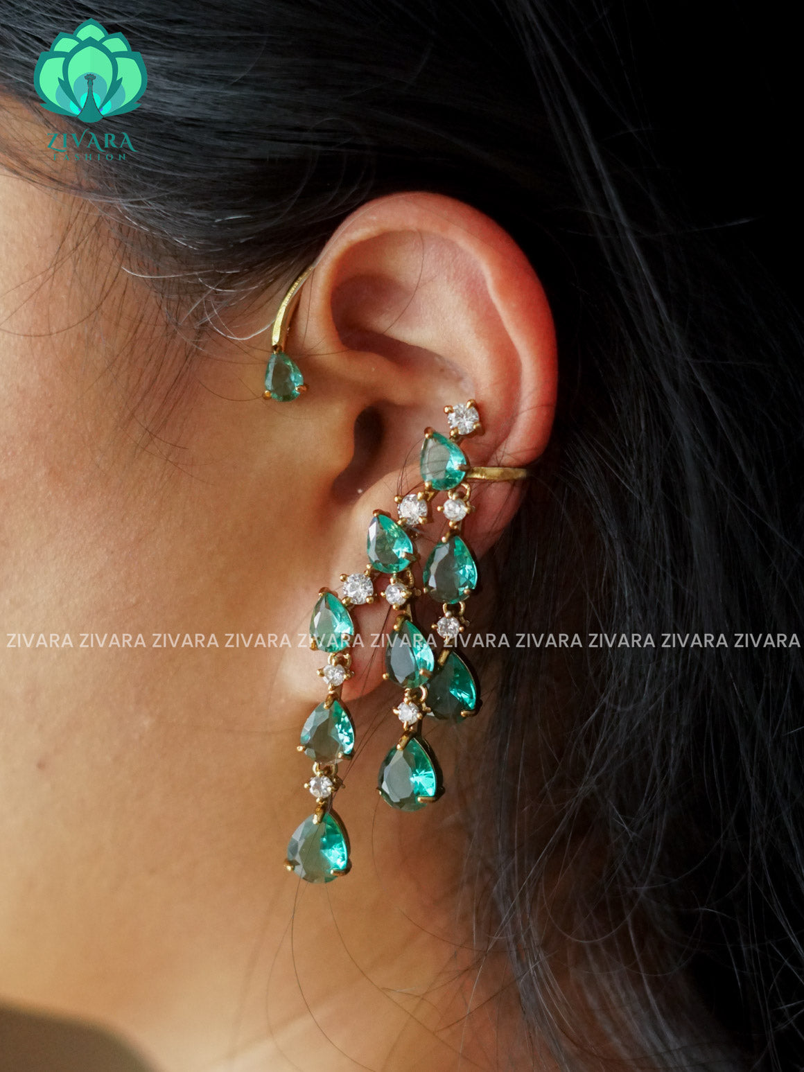 SEA GREEN STYLISH SEMI EARCUFF latest jewellery collection- zivara fashion