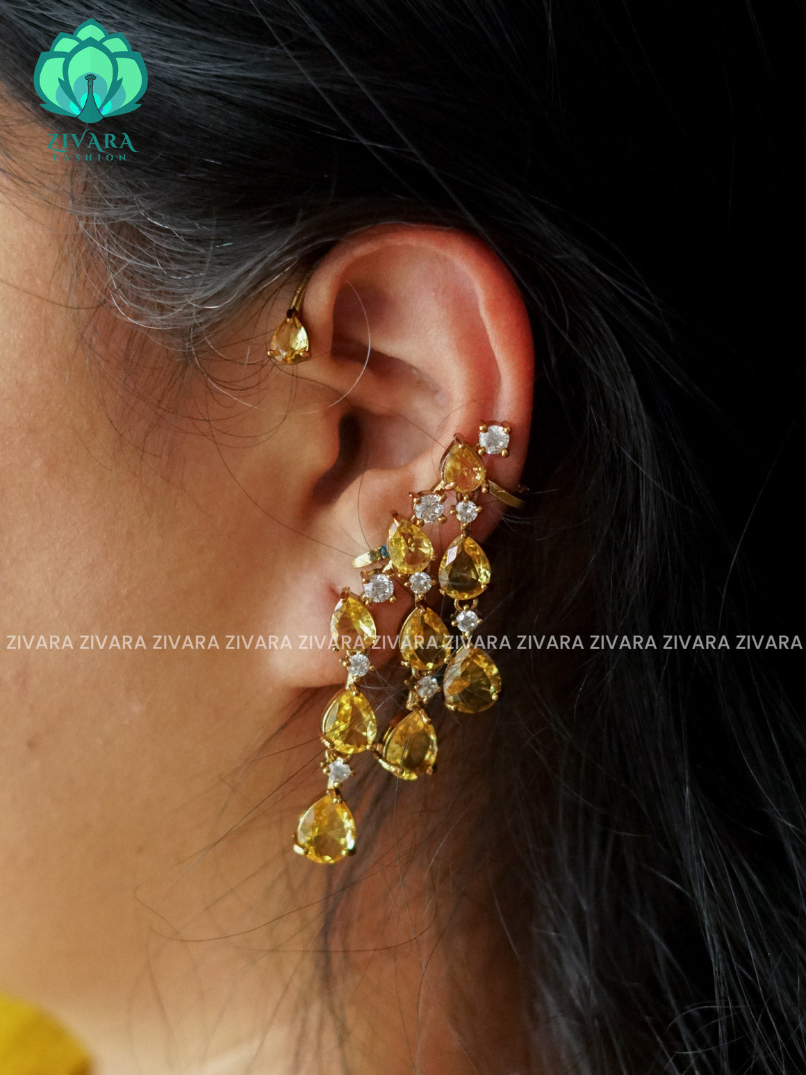 GOLDEN YELLOW  STYLISH SEMI EARCUFF latest jewellery collection- zivara fashion