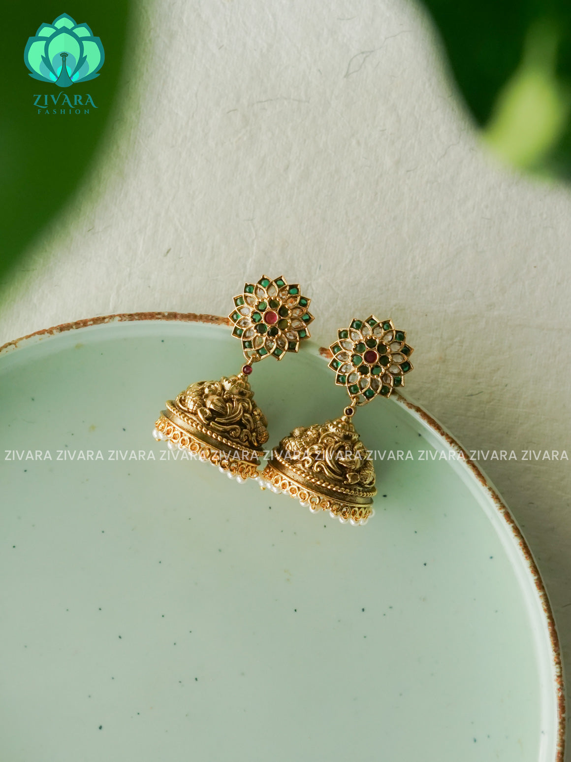 GREEN FLOWER HEAVY - TRADITIONAL PREMIUM MATTE  polish JHUMKA- latest jewellery collection- zivara fashion