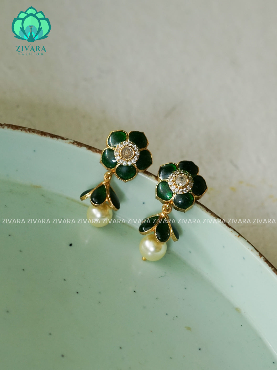 BEAUTIFUL GREEN FLOWER STUDS  - latest jewellery collection- zivara fashion