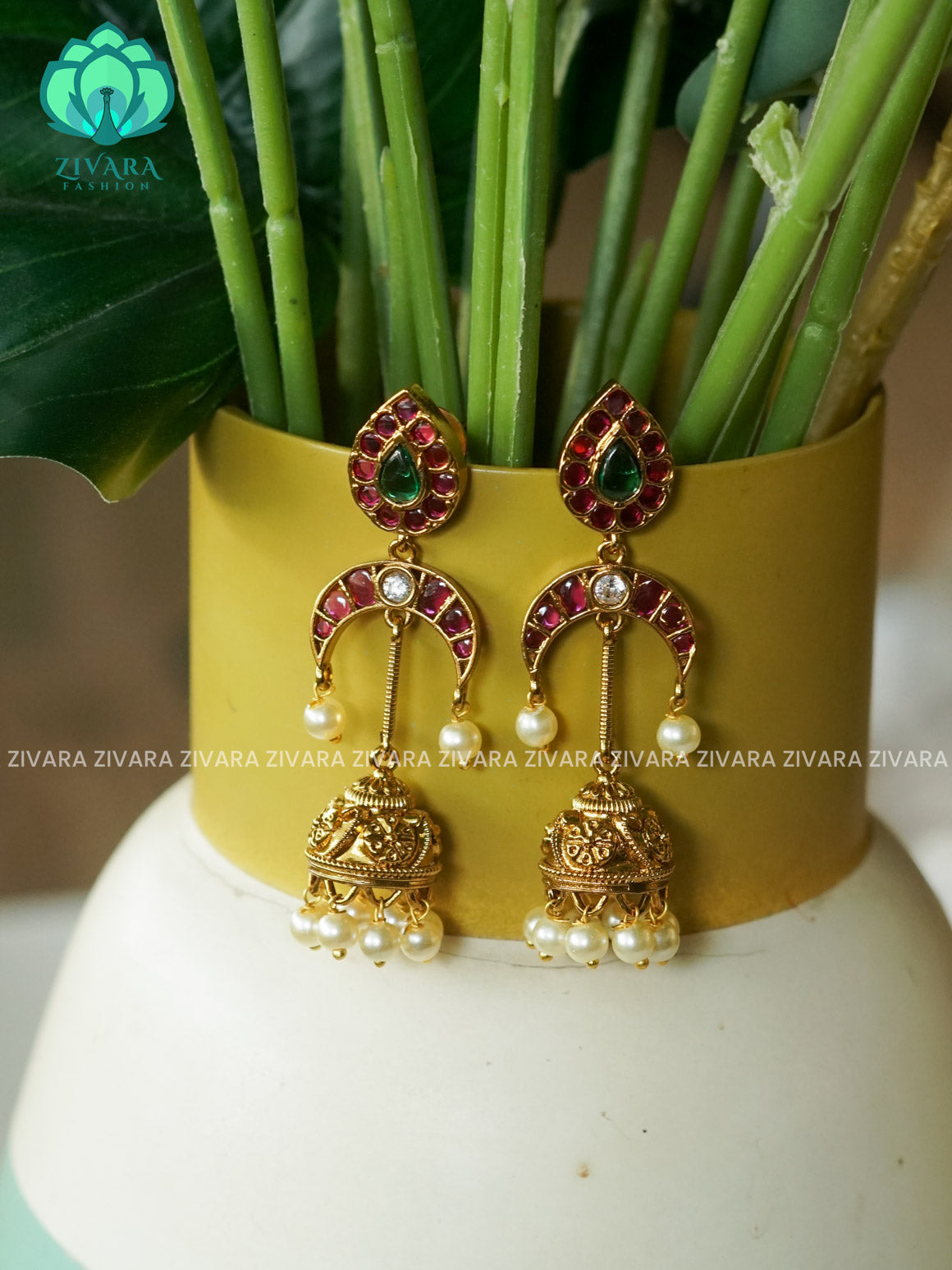 DIYA - REAL KEMP MOON JHUMKA WITH PEARL - TRADITIONAL PREMIUM MATTE  polish JHUMKA- latest jewellery collection- zivara fashion