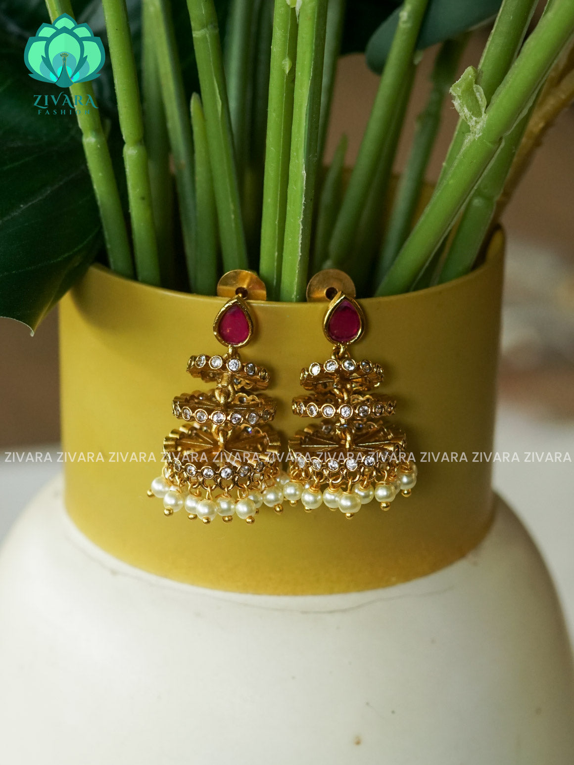 DIYA- RUBY STONE TRIPLE LAYER JHUMKAS - TRADITIONAL PREMIUM MATTE  polish JHUMKA- latest jewellery collection- zivara fashion