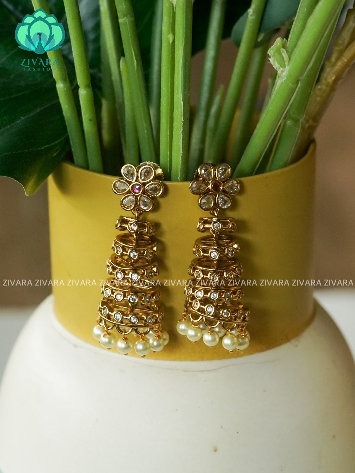 DIYA- FIVE LAYER WHITE STONE - TRADITIONAL PREMIUM MATTE  polish JHUMKA- latest jewellery collection- zivara fashion