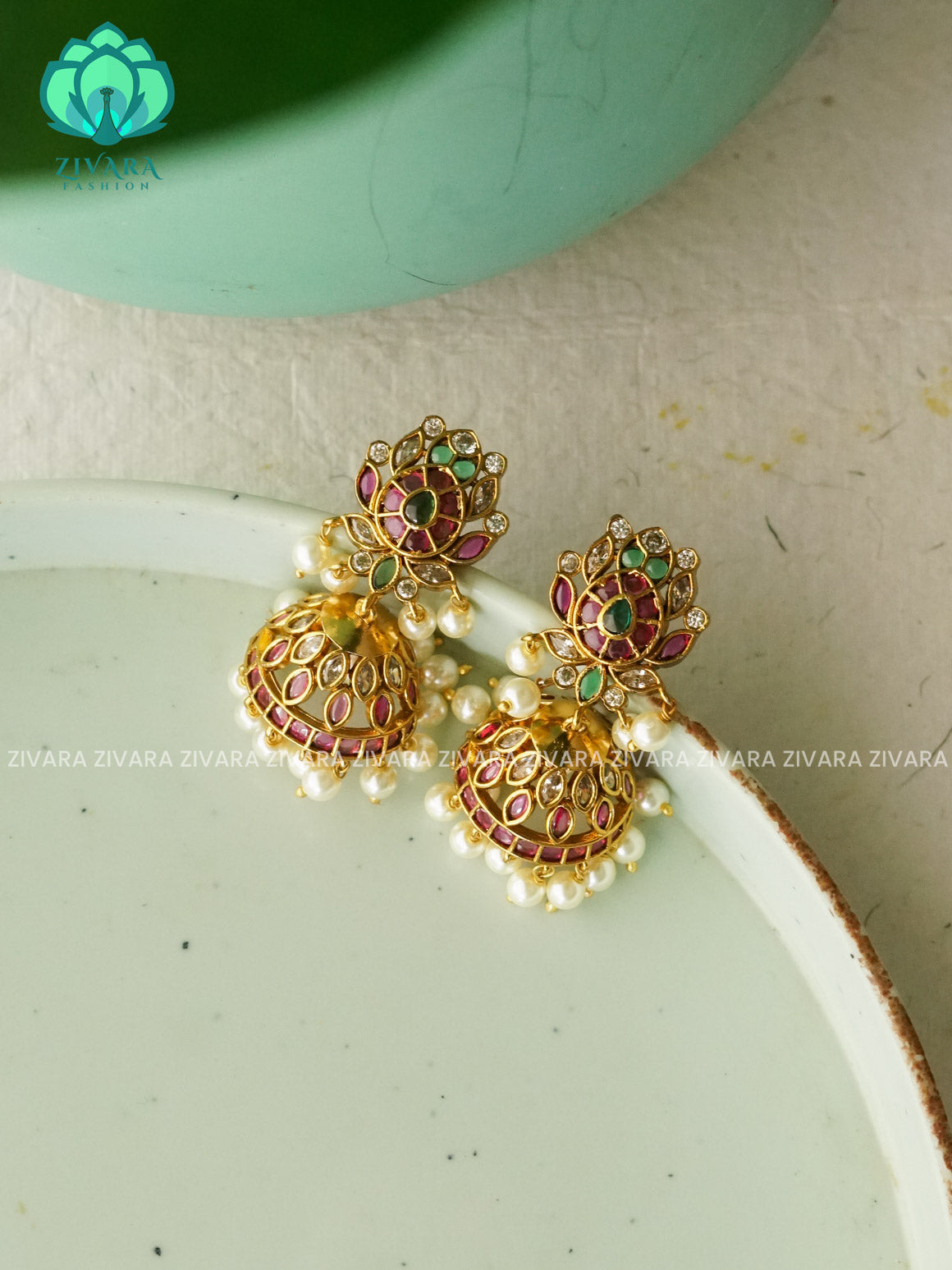 DIYA - REAL KEMP LOTUS JHUMKA - TRADITIONAL PREMIUM MATTE  polish JHUMKA- latest jewellery collection- zivara fashion