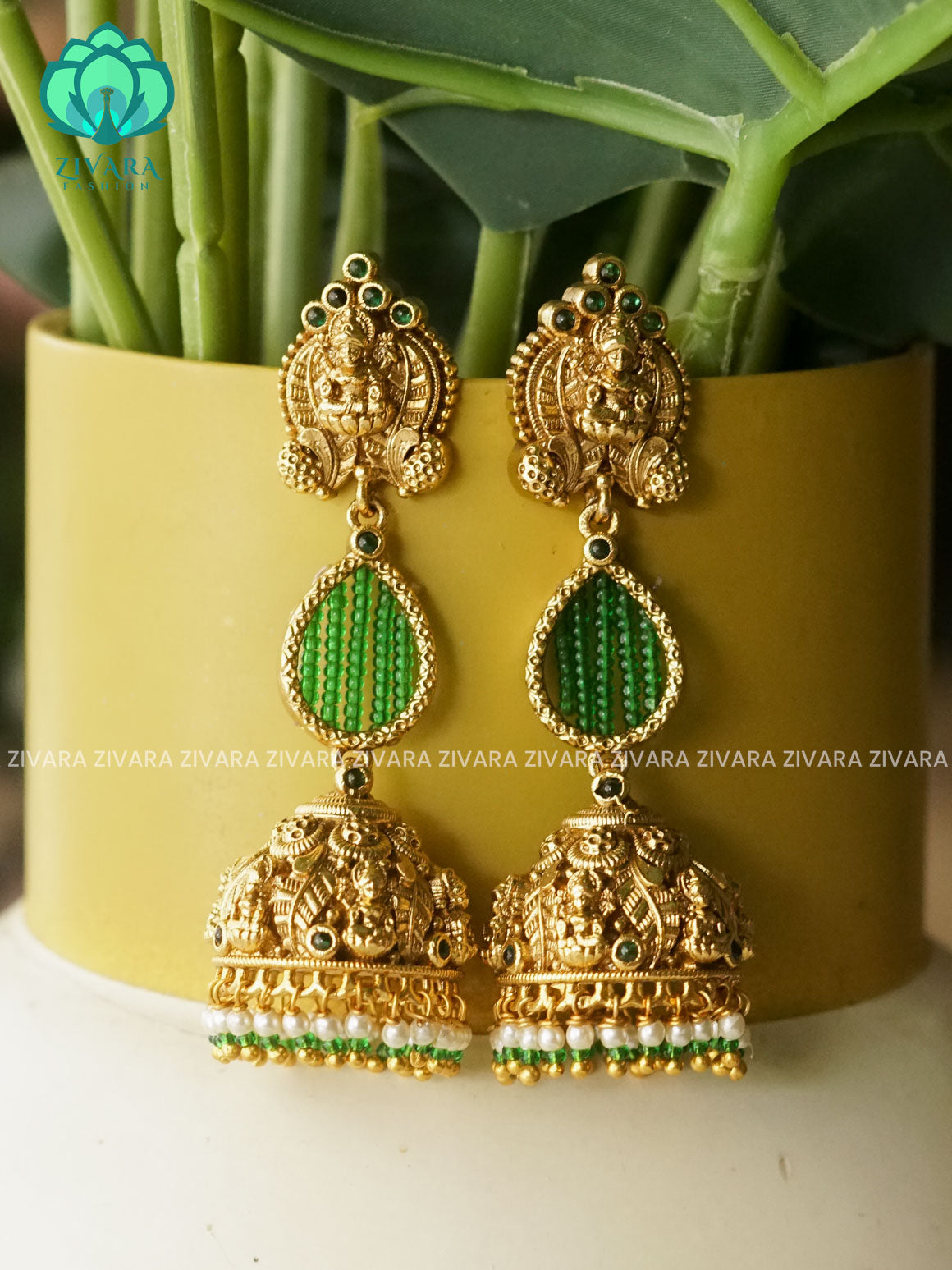 DIYA-GREEN BEADS JHUMKA - TRADITIONAL PREMIUM MATTE  polish JHUMKA- latest jewellery collection- zivara fashion