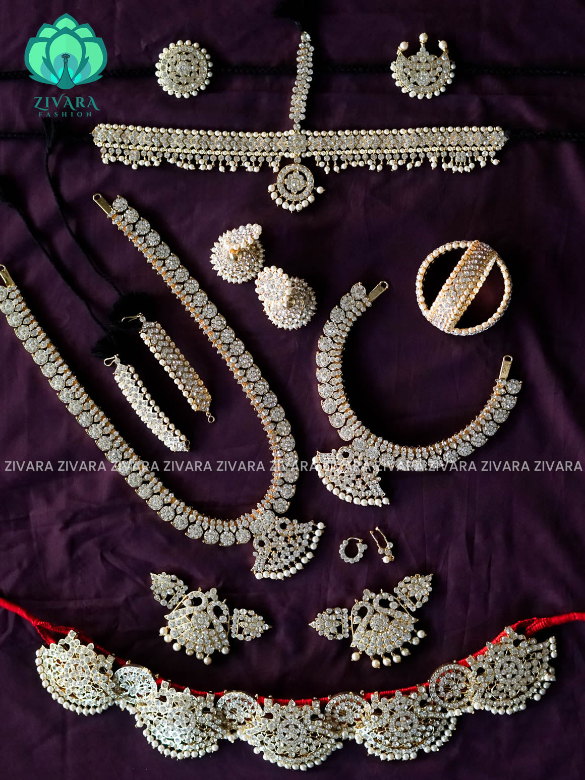 MATHANGI- Full white set - WHITE STONE BHARATHANATYAM DANCE PREMIUM JEWELLERY (PREORDER WITH 3 TO 10 DAYS DISPATCH TIME)