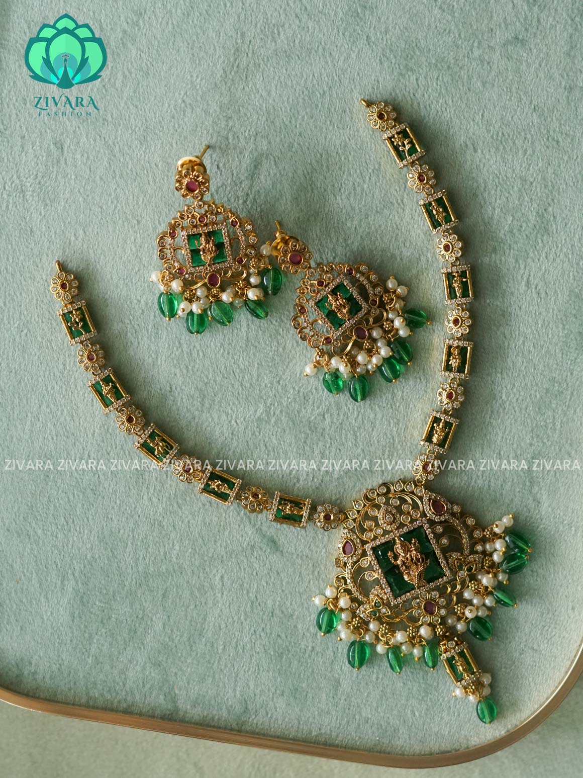 Green themed dasavatharam  - FLEXIBLE CHAIN WITH HANGINGS -Traditional south indian premium neckwear with earrings- Zivara Fashion- latest jewellery design