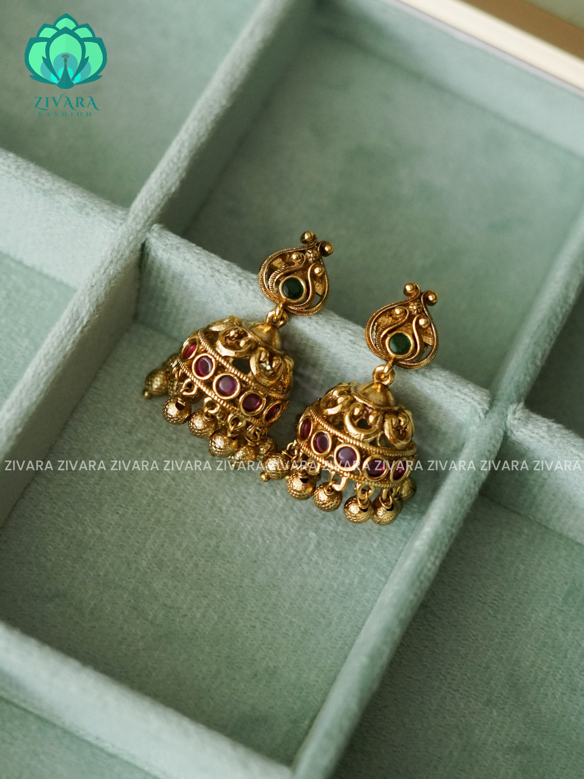 SMALL RUBY AND GREEN MOTIF FREE  jhumkas - latest jewellery collection- zivara fashion