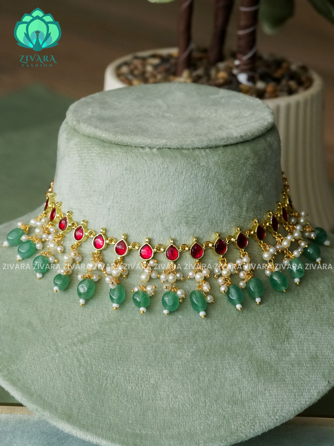 Simple Ruby Trending Jadau neckwear with pearl hangings - Zivara Fashion - latest jewellery design