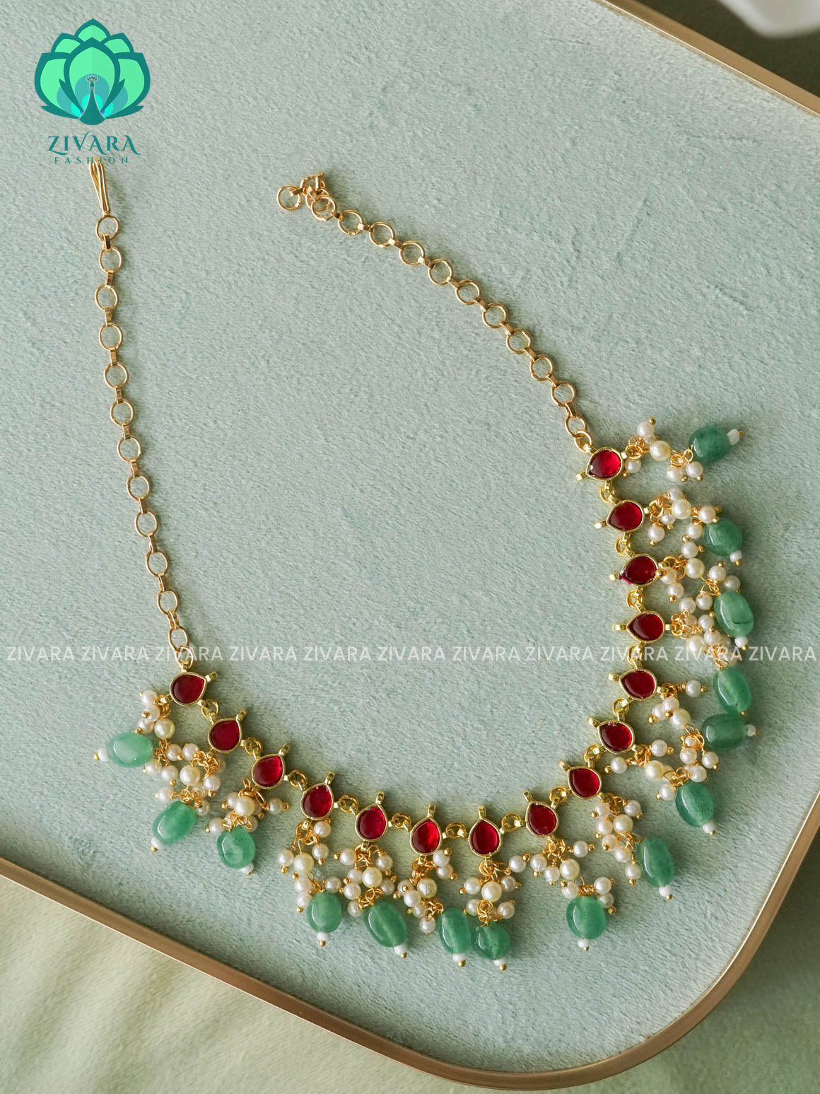 Simple Ruby Trending Jadau neckwear with pearl hangings - Zivara Fashion - latest jewellery design