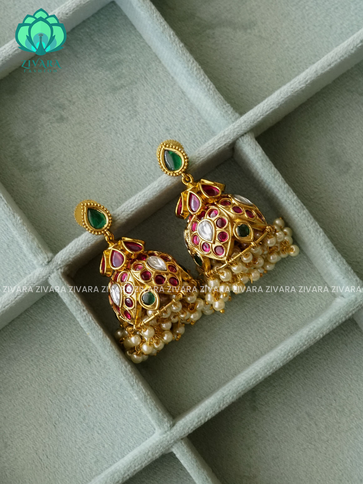 RUBY  AND GREEN stone  type JHUMKA - TRADITIONAL PREMIUM MATTE  polish JHUMKA- latest jewellery collection- zivara fashion