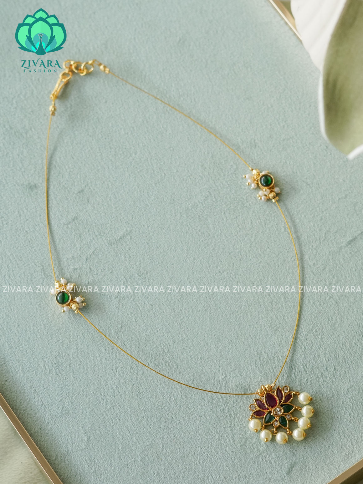RUBY AND GREEN Tamara LOTUS INVISIBLE MINIMAL ELEGANT HANDMADE NECKLACE WITH BRILLIANT FINISH MOTIFS- ZIVARA FASHION