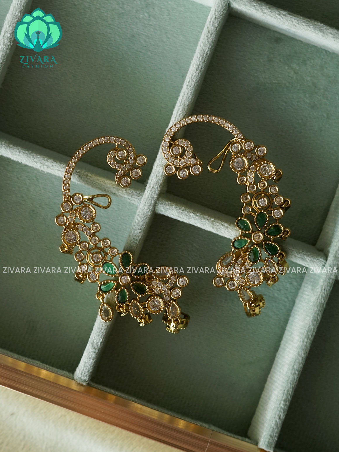 GREEN AND WHITE STYLISH  EARCUFF latest jewellery collection- zivara fashion