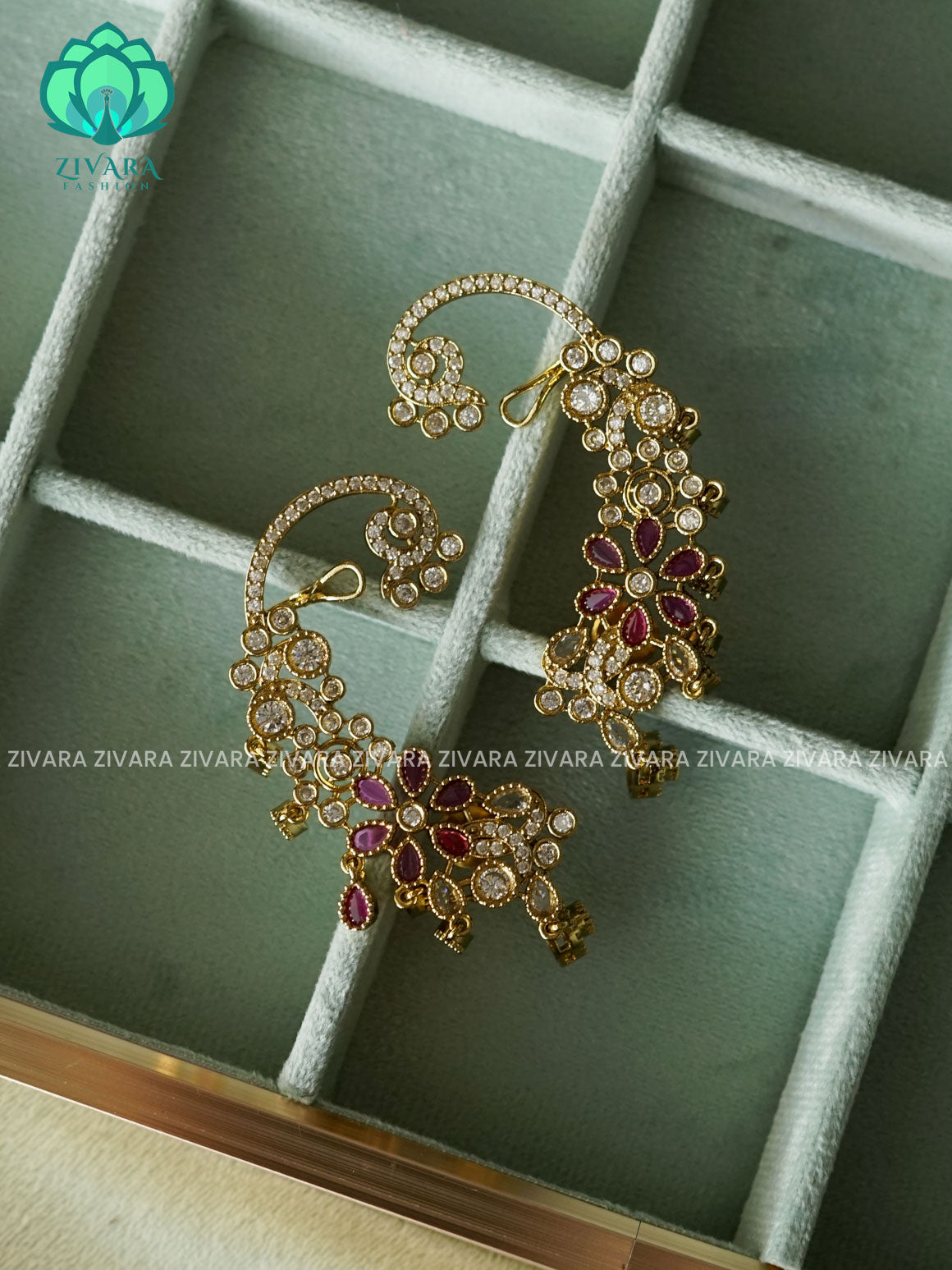 RUBY AND WHITE STYLISH  EARCUFF latest jewellery collection- zivara fashion