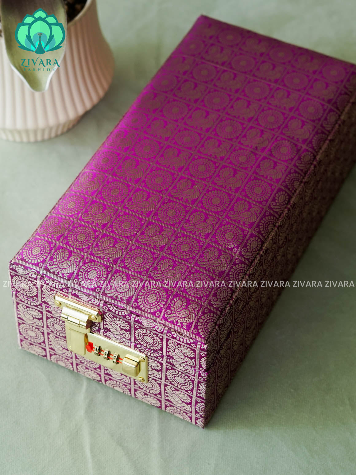 PREORDER - PURPLE BROCADE - COMPACT BOX - JEWELLERY ORGANISER FOR GOLD JEWELLERY WITH SELF SETTING NUMBER LOCK- ZIVARA FASHION.