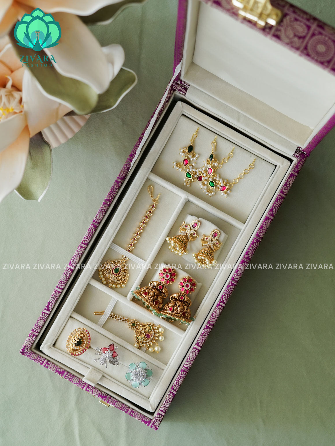 PREORDER - PURPLE BROCADE - COMPACT BOX - JEWELLERY ORGANISER FOR GOLD JEWELLERY WITH SELF SETTING NUMBER LOCK- ZIVARA FASHION.