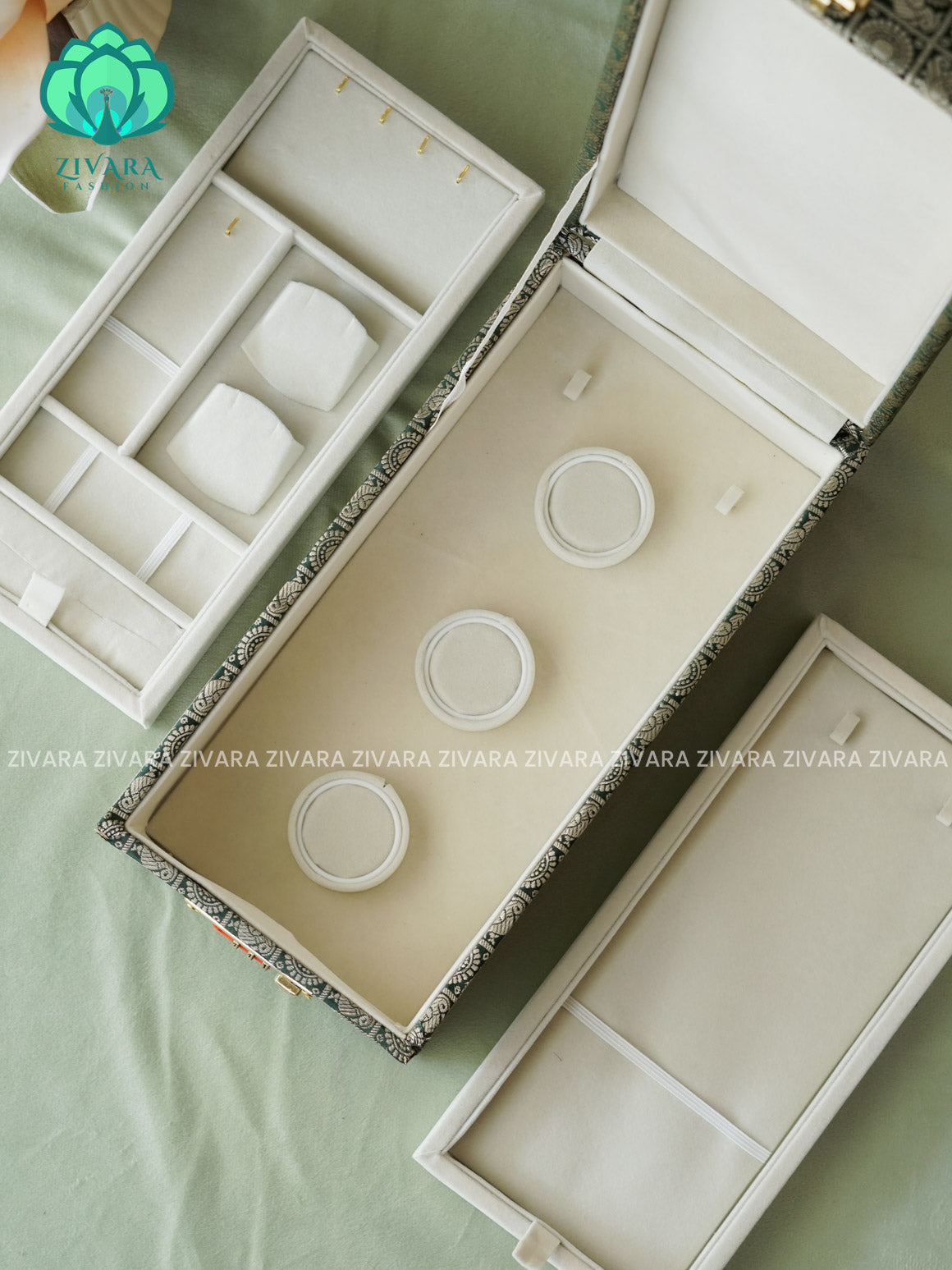 PREORDER - GREEN BROCADE - COMPACT BOX - JEWELLERY ORGANISER FOR GOLD JEWELLERY WITH SELF SETTING NUMBER LOCK- ZIVARA FASHION.