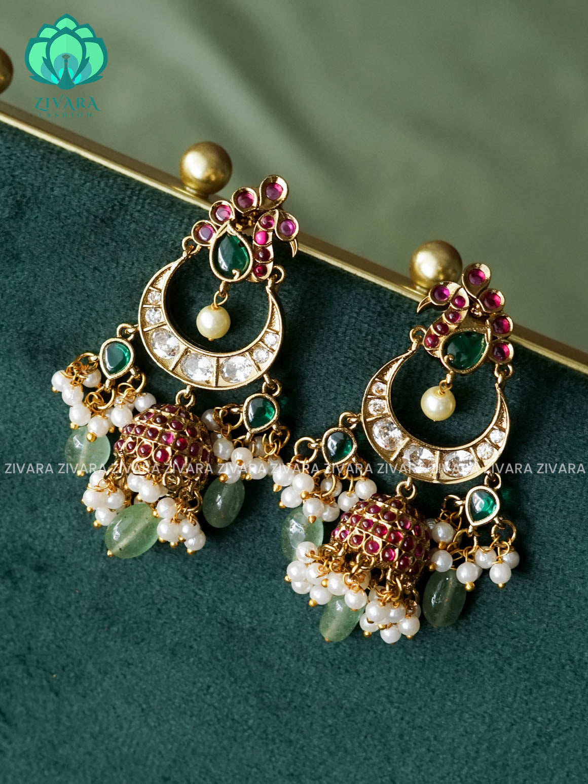 Real kemp Peacock jhumka with pastel green beads - TRADITIONAL PREMIUM MATTE  polish JHUMKA - zivara fashion