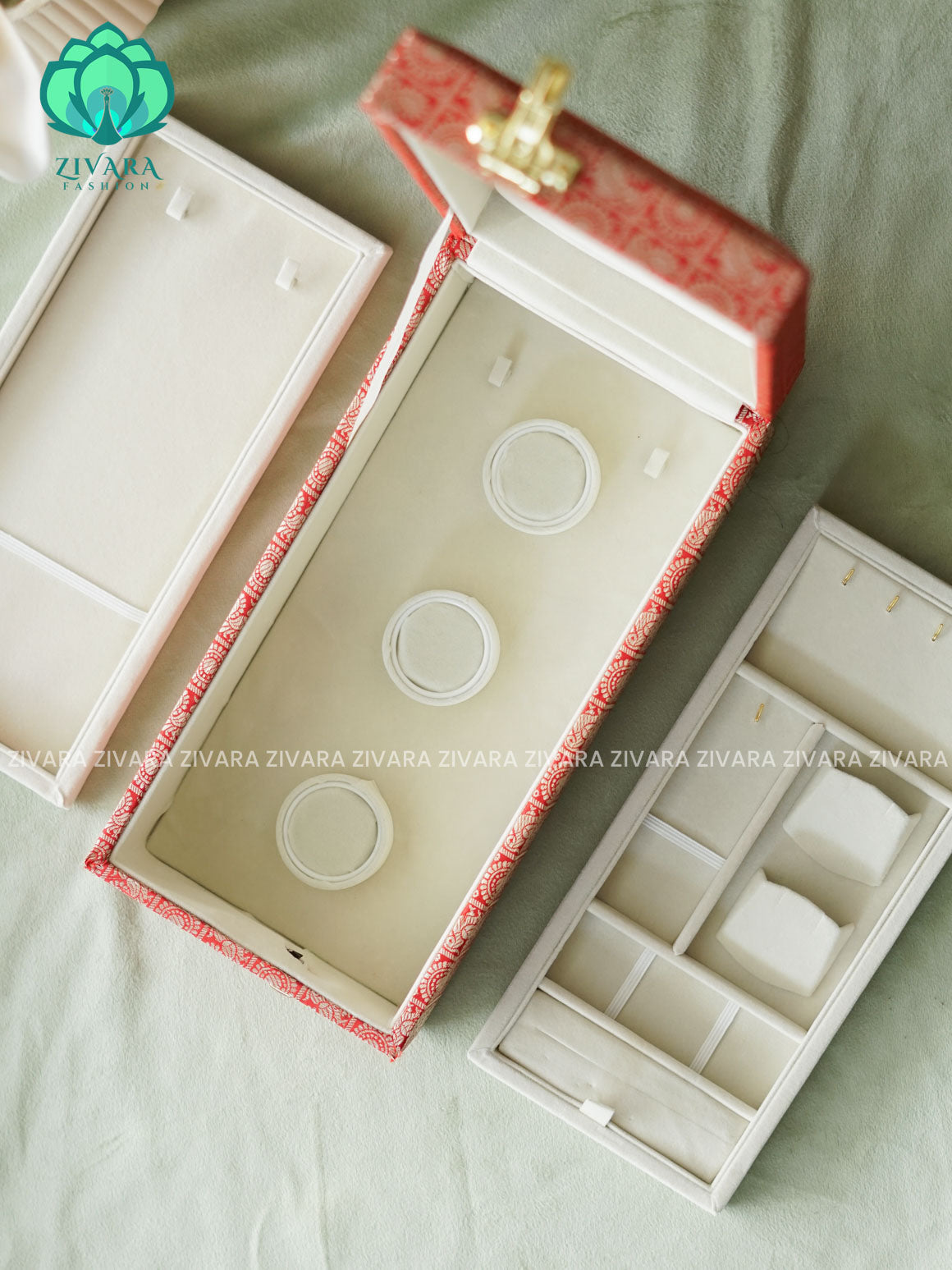 PREORDER 10 TO 15 DAYS DISPATCH TIME - CRIMSON RED BROCADE - COMPACT BOX - JEWELLERY ORGANISER FOR GOLD JEWELLERY WITH SELF SETTING NUMBER LOCK- ZIVARA FASHION.
