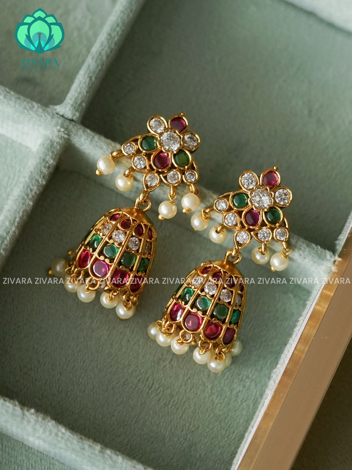 REAL KEMP MEDIUM SIZE Hotselling FLOWER MOTIF jhumka - latest trending collection