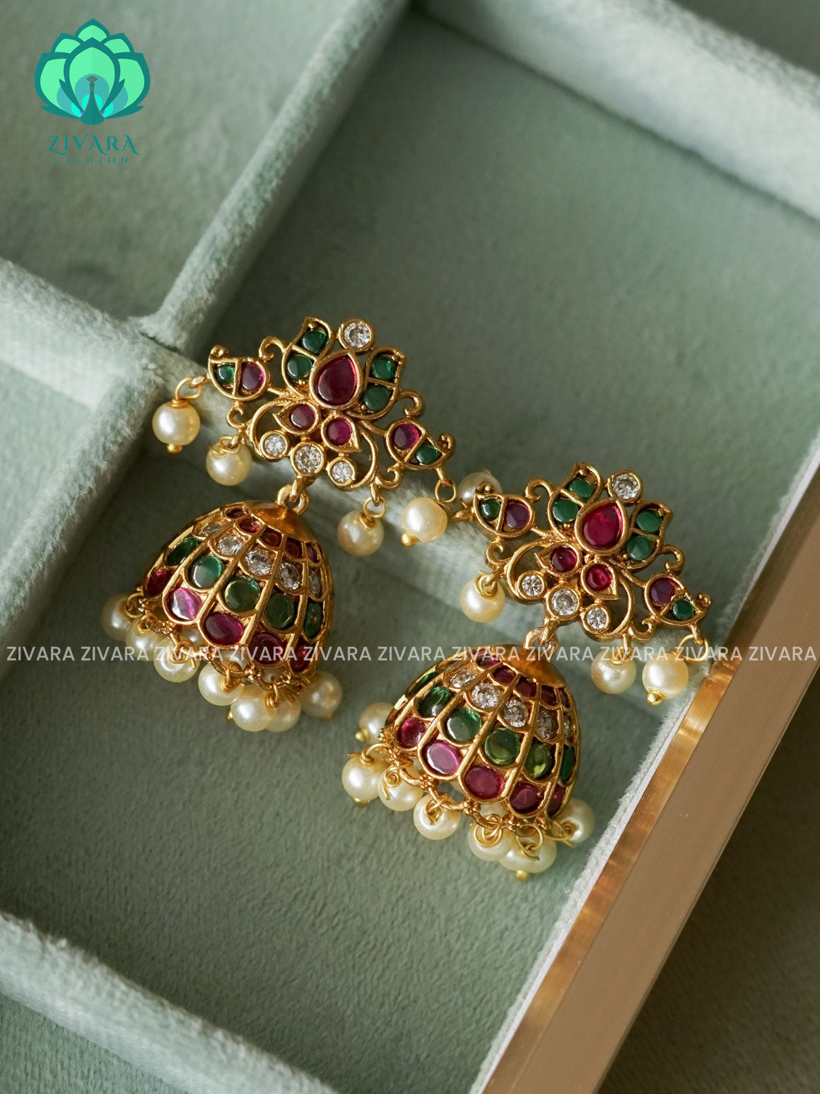 DIYA - REAL KEMP LOTUS JHUMKA - TRADITIONAL PREMIUM MATTE  polish JHUMKA- latest jewellery collection- zivara fashion
