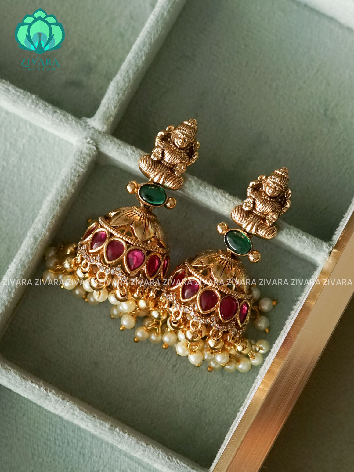 TEMPLE RUBY GREEN  Vintage TRADITIONAL PREMIUM MATTE  polish JHUMKA- latest jewellery collection- zivara fashion