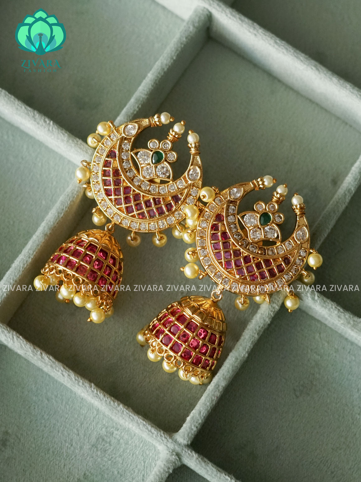 RUBY GREEN WHITE STONE Moon JHUMKA- Bridal PREMIUM MATTE  polish JHUMKA- latest jewellery collection- zivara fashion