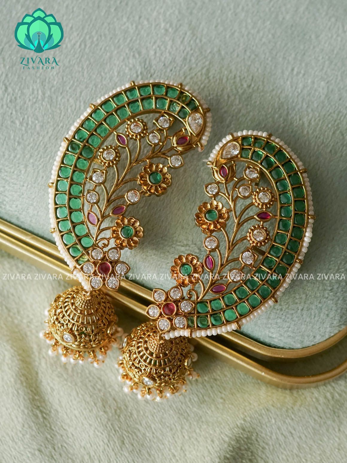 GREEN BIG PEACOCK EARCUFF JHUMKA  latest jewellery collection- zivara fashion