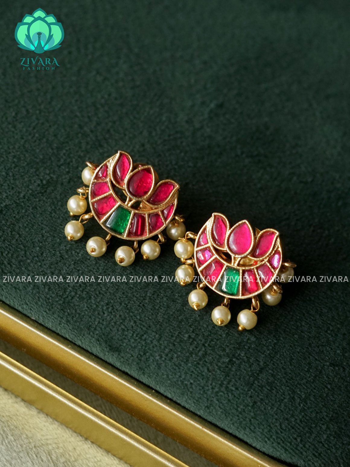 JADAU RUBY GREEN MOON WITH LOTUS STUD- latest jewellery collection- zivara fashion