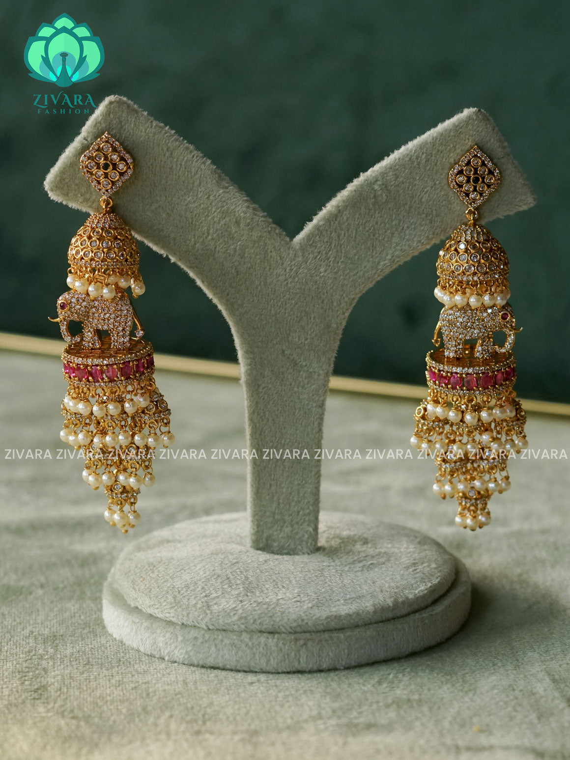 EXUBERANT RUBY ELEPHANT CHANDELIER JHUMKA - TRADITIONAL PREMIUM MATTE  polish JHUMKA - zivara fashion